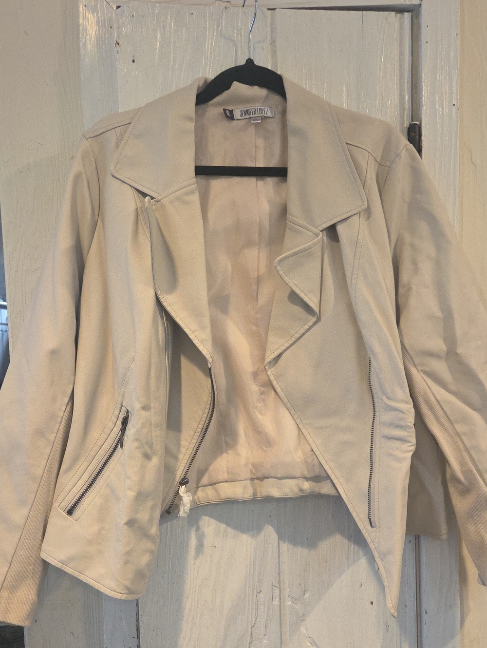 Jennifer Lopez Light Cream Asymmetrical Zip Leather Jacket